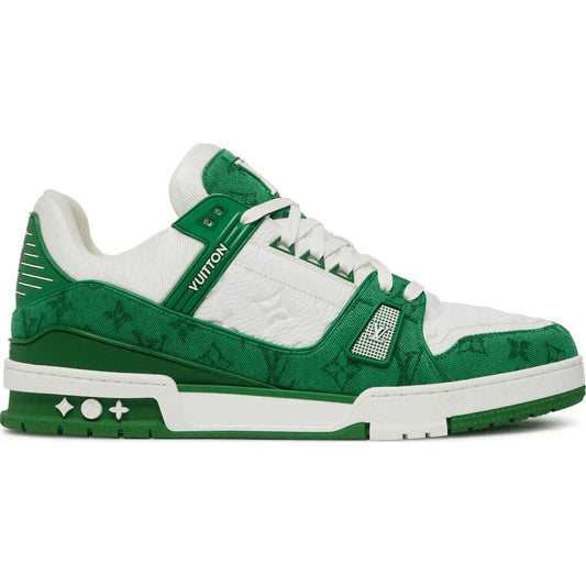 LV Trainer Shoes in green monogram denim and white grained calf