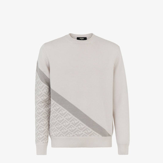 Fendi FF-motif intarsia-knit virgin wool blend sweater in a cream and taupe colourway