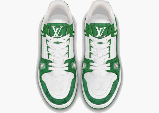 LV Trainer Shoes in green monogram denim and white grained calf